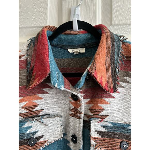 LA MIEL Women’s Aztec Southwestern Blanket Frayed Button Shacket Jacket Sz M - Picture 6 of 13